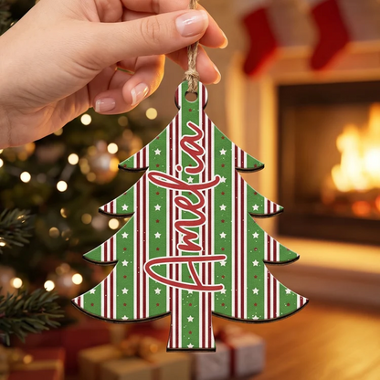 Personalized Wooden Ornament, Plaid Christmas Tree Keepsake, Unique Gift for Family
