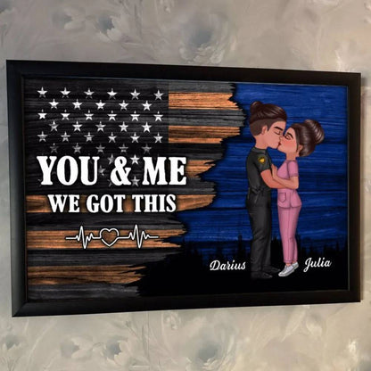Hero Couple Kissing Half Flag Gifts by Occupation Firefighter, Nurse, Police Officer - Personalized Horizontal Poster or Canvas or Plaque or Pillow or Wallet or Wallet Card or Cap or Cup
