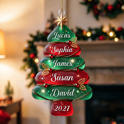 Personalized Family Christmas Tree Acrylic Ornament, Custom Names & Year, Festive Keepsake Gift for Loved Ones