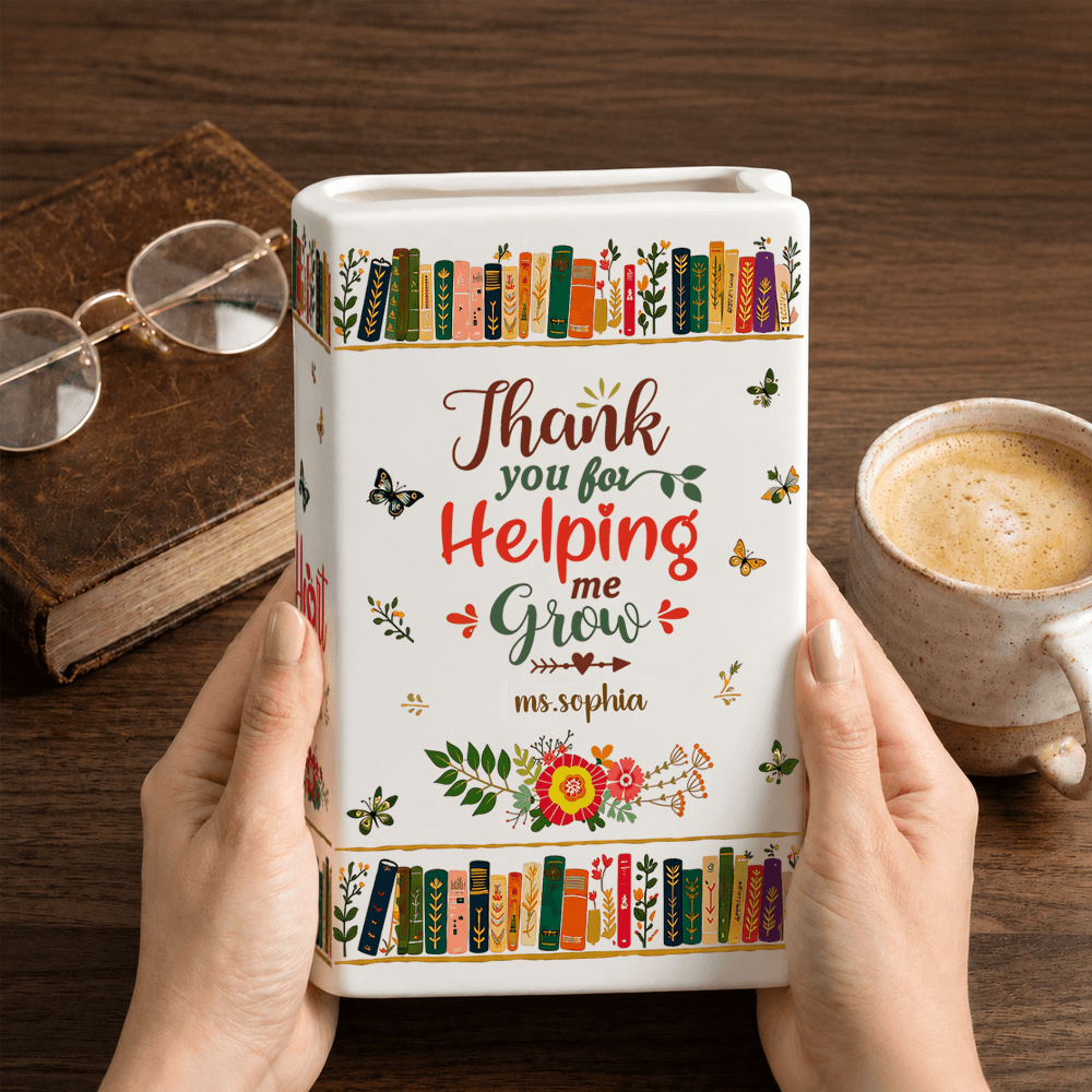 Personalized Ceramic Book Vase for Teachers, Custom Name Teacher Appreciation Gift, Unique Floral Bookshelf Decor