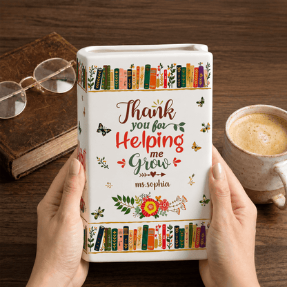 Personalized Ceramic Book Vase for Teachers, Custom Name Teacher Appreciation Gift, Unique Floral Bookshelf Decor