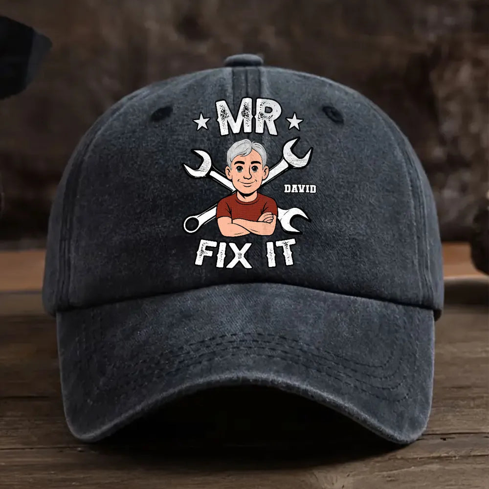 Washed Denim Baseball Cap Personalized for the One Who Can Fix It, Relaxed Vintage Style for Outdoor Wear, Thoughtful Gift