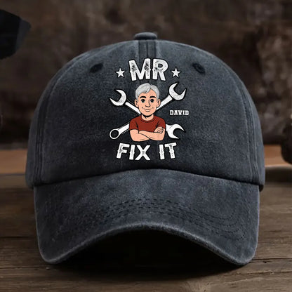 Washed Denim Baseball Cap Personalized for the One Who Can Fix It, Relaxed Vintage Style for Outdoor Wear, Thoughtful Gift
