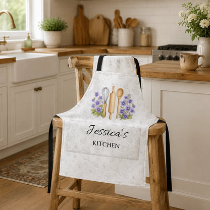 Custom Name Birth Flower Kitchen Apron, Adjustable 4-Pocket Cooking Gift for Women, Moms and Bakers