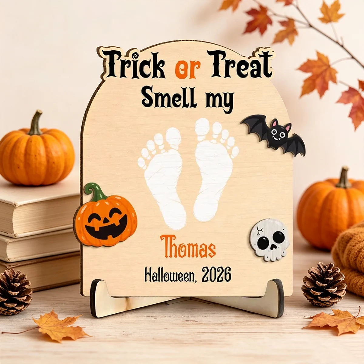Trick or Treat Personalized Wooden Plaque, Cute Halloween Keepsake and Creative Gift for New Parents