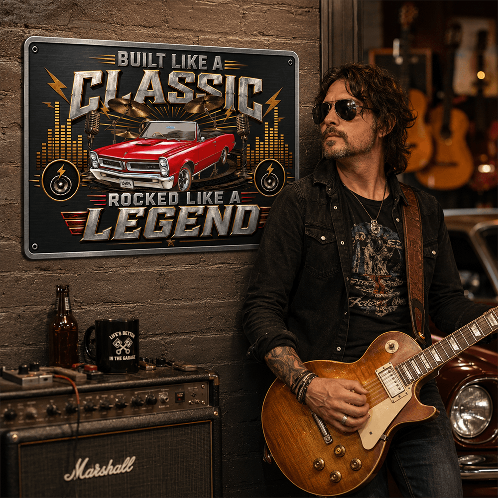 Personalized Classic Car & Rock Music Iron Sign, Built Like a Classic Rocked Like a Legend, Custom Garage Gift