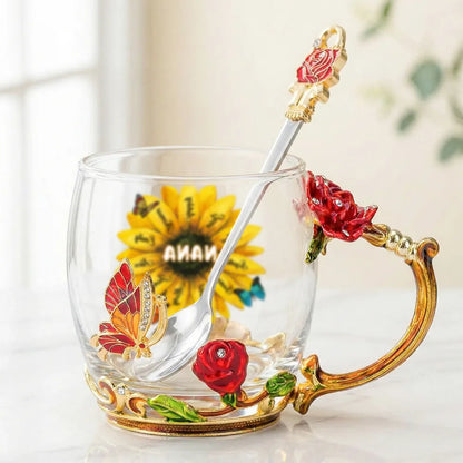 Personalized Enamel Flower Tea Cup with Sunflower Nana Design for Grandma - Unique Custom Gift for Her