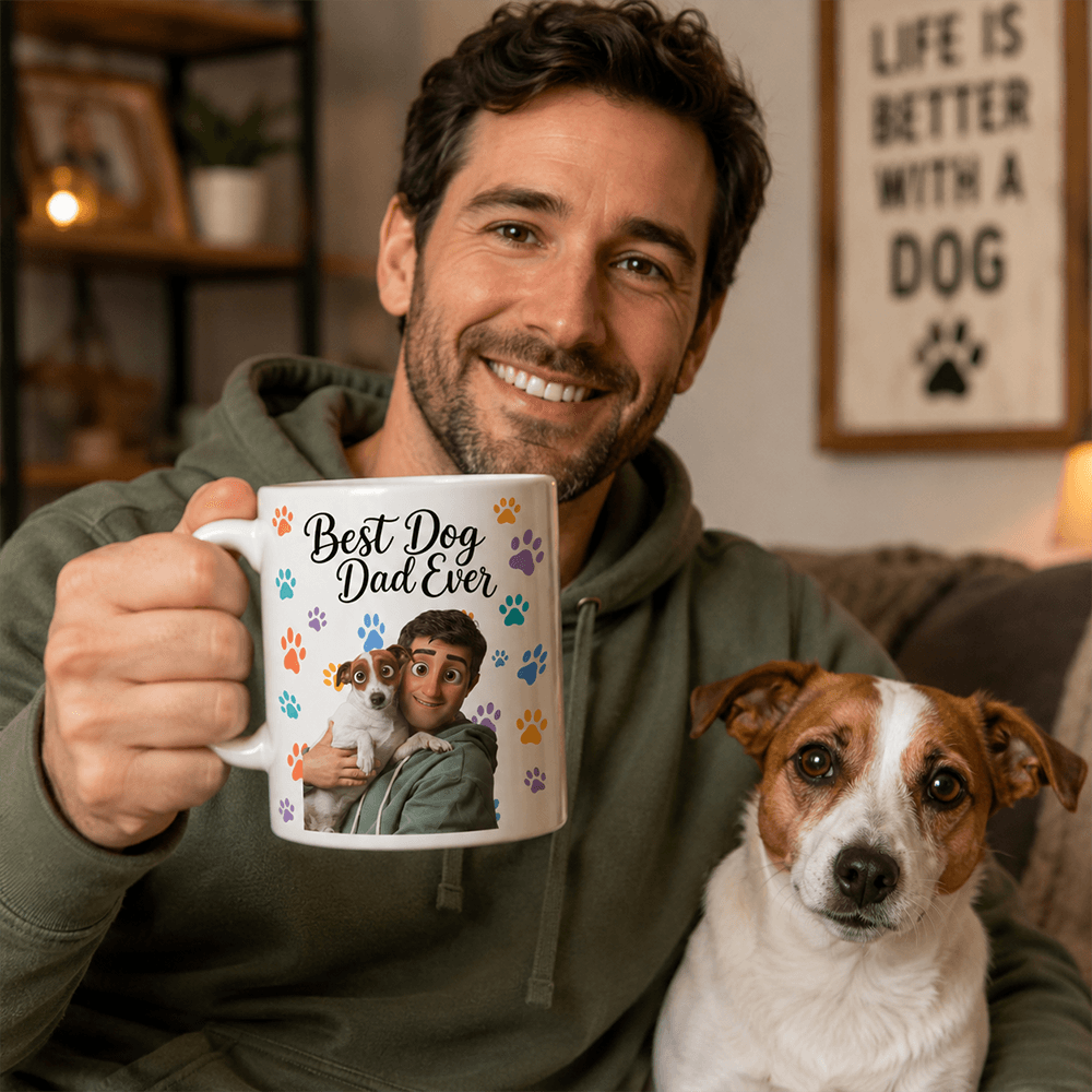 Personalized Dog Mom or Dad Mug, Custom Pet Portrait Ceramic Cup, Colorful Paw Print Gift for Dog Lovers