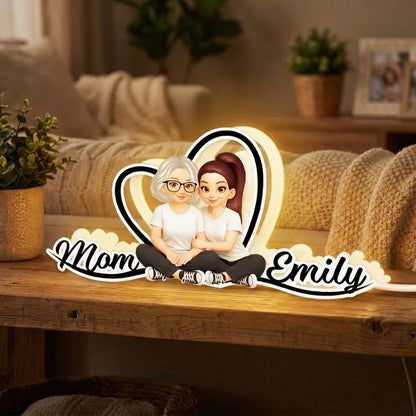 Mom and Daughter Forever Love Acrylic Light Box, Heart Backdrop Hugging Duo, Cozy Bedside Glow, Unique Gift for Mom
