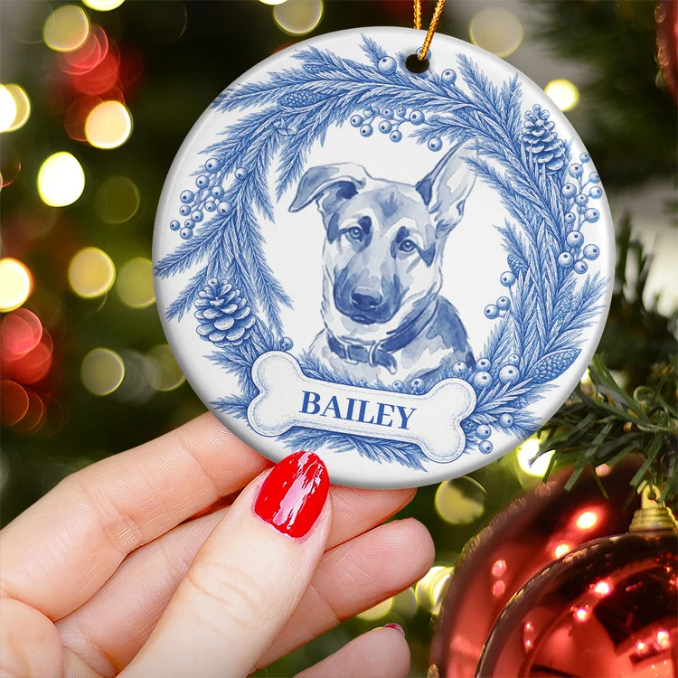 Personalized Ceramic Ornament, Blue Watercolor Dog Portrait in Winter Pine Wreath, Unique Christmas Gift for Pet Owners