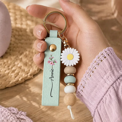 Personalized Birth Flower Wristlet Keychain with Custom Name, Unique Birthday Gift for Her