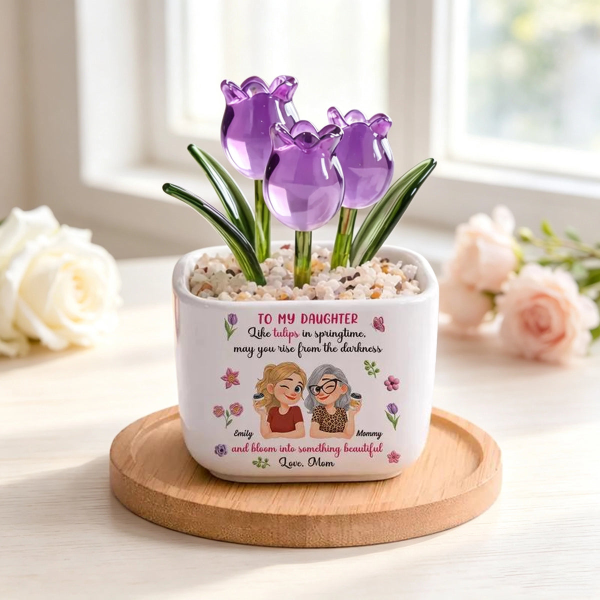 Personalized Square Glass Planter, Purple Tulip Daughter Gift from Mom, Unique Spring Keepsake