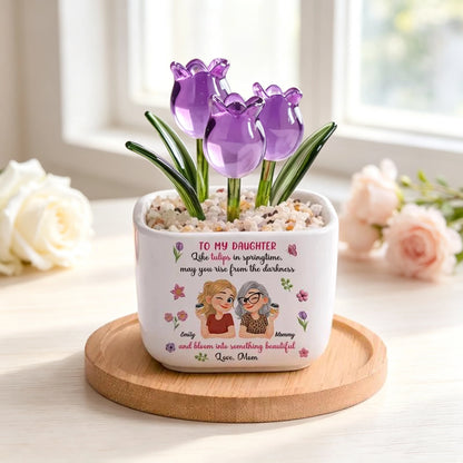 Personalized Square Glass Planter, Purple Tulip Daughter Gift from Mom, Unique Spring Keepsake