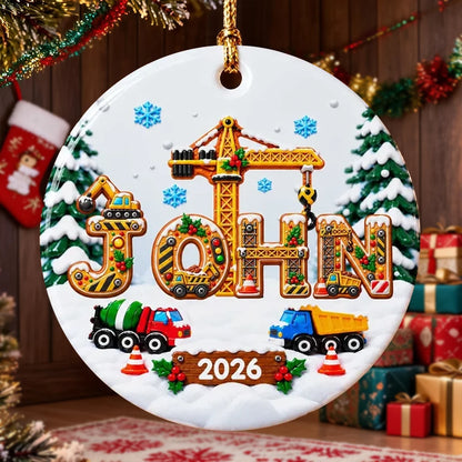 Personalized Ceramic Ornament with Bright Christmas Construction Trucks, Unique Gift for Kids and Grandkids