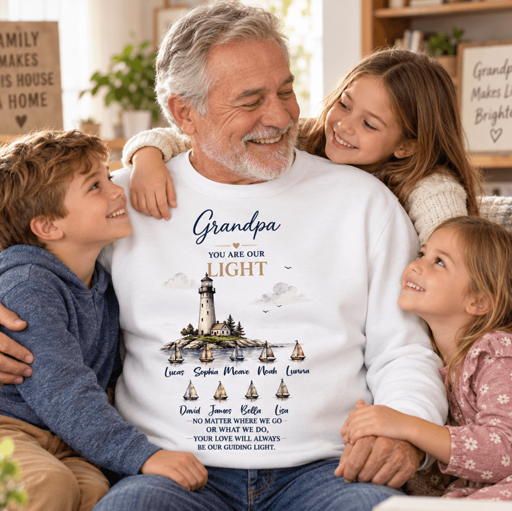 Personalized Grandpa Lighthouse Gift with Grandkids' Names, Custom Poster, Canvas, Shirt, Keychain, Blanket & More
