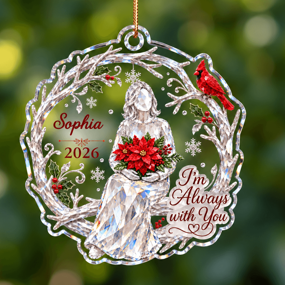 Personalized Memorial Acrylic Ornament with Custom Name and Year, Crystal-Style Angel and Red Cardinal, Sympathy Gift for Family