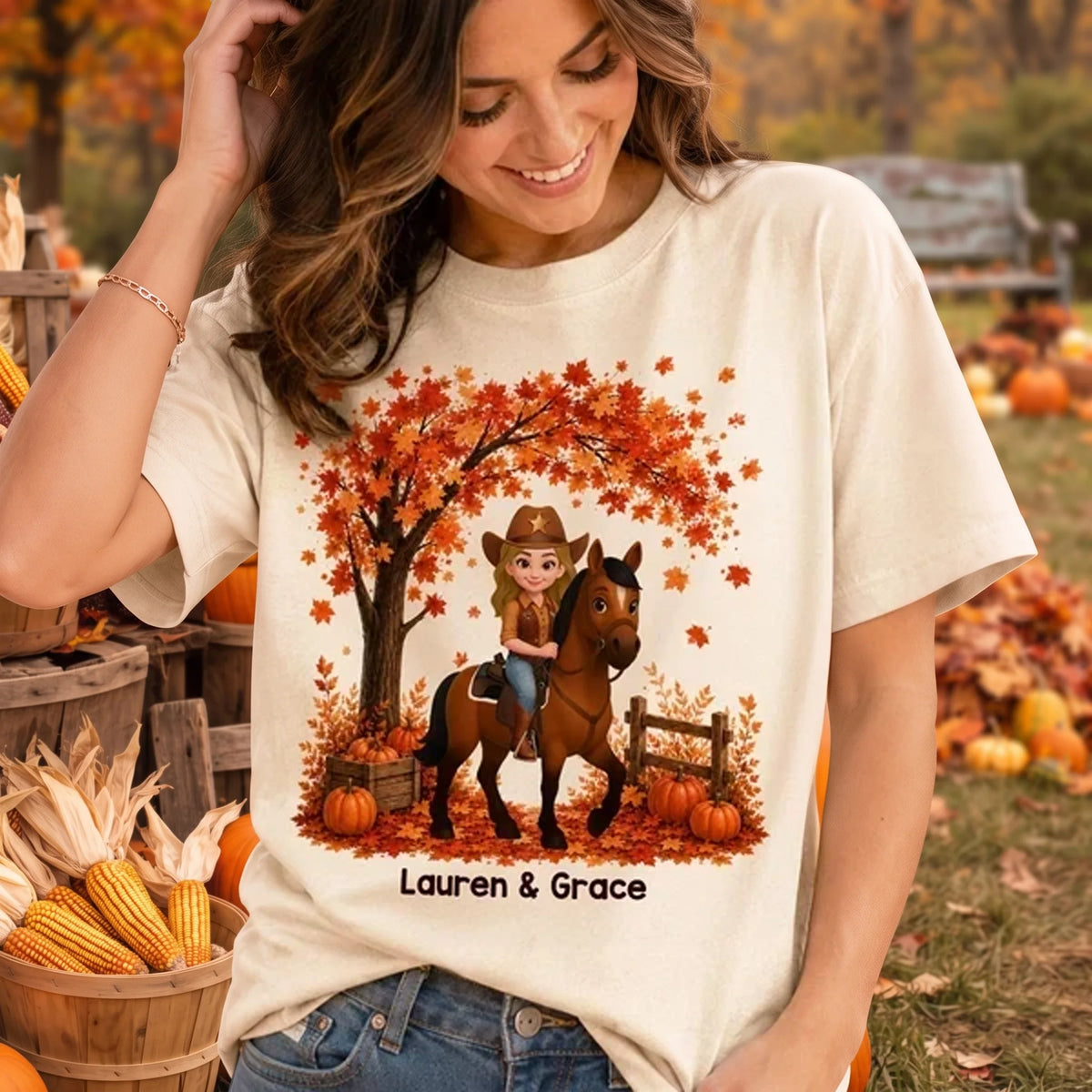 Personalized Classic Tee with Cartoon Cowgirl Riding a Horse in an Orange Fall Scene, Creative Gift for Horse Lovers