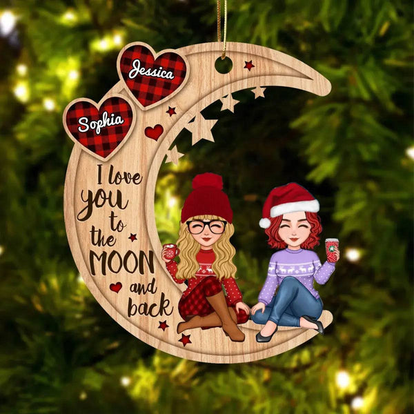 Best Friends, BFF, Sisters Sitting On Heart Pattern Moon - Personalized Wooden Ornament