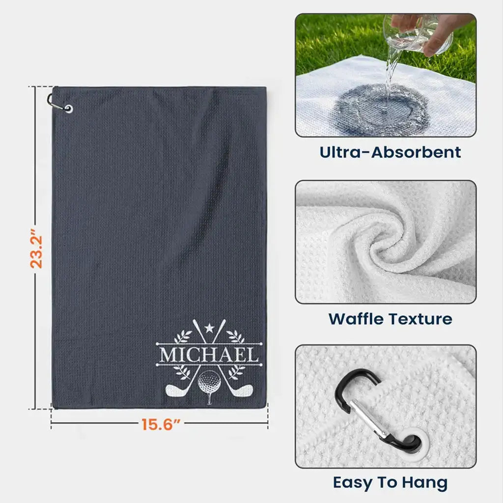 Personalized Waffle Weave Golf Towel with Clubs & Ball, Unique Gift for Golfers & Dad