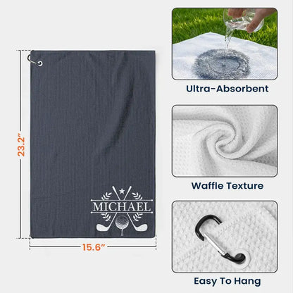Personalized Waffle Weave Golf Towel with Clubs & Ball, Unique Gift for Golfers & Dad