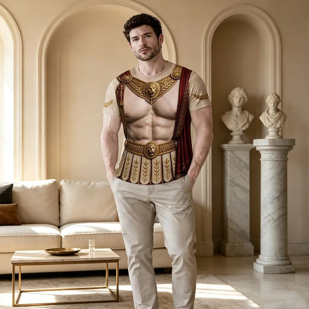 Roman Warrior Printed Classic Tee, Personalized Heroic Armor Art, Creative Gift for History Fans