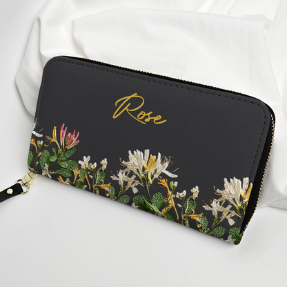 Personalized Leather Long Wallet with Birth Flower Design, Unique Gift for Mom, Grandma & Sister