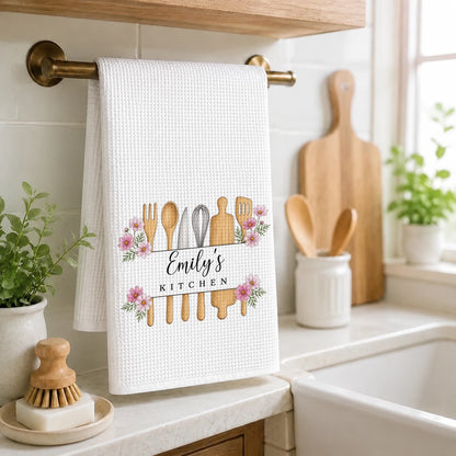 Personalized Birth Flower Kitchen Towel with Custom Name and Wooden Utensils, Gift for Home Cooks
