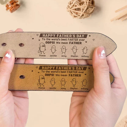 Leather Belt with Personalized Father's Day Message and Cartoon Family, Heartfelt Creative Gift for Dad
