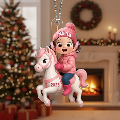 Girl Riding Horse Acrylic Ornament – Personalized Christmas Gift for Kids, Heartwarming Family House Keepsake