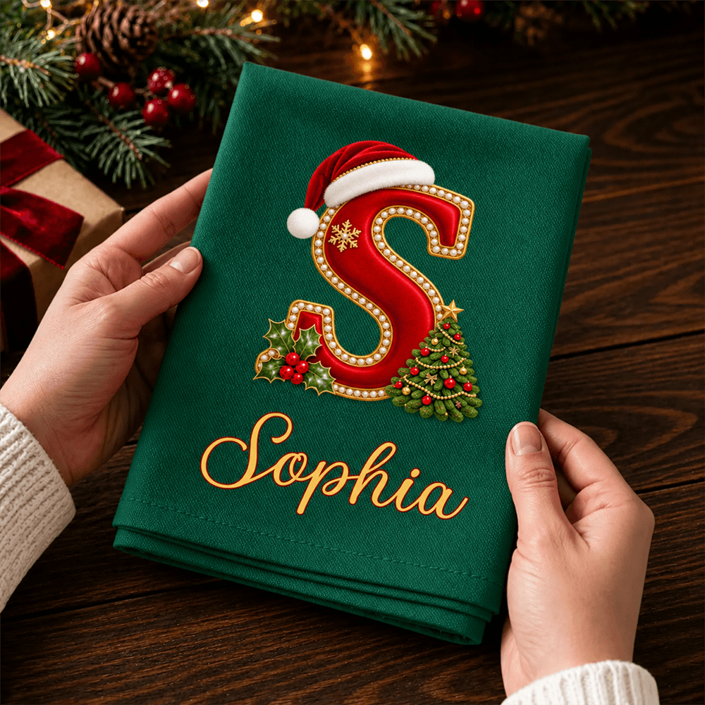 Personalized Christmas Cotton Napkin with Santa Hat Initial & Name, Festive Holiday Table Decor, Christmas Gift for Family