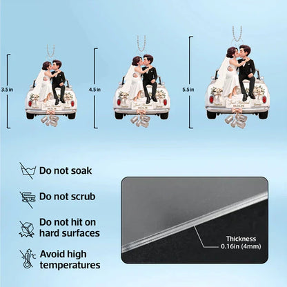 Personalized Acrylic Ornament, Kissing Bride & Groom on Wedding Car, Unique Gift for Couple