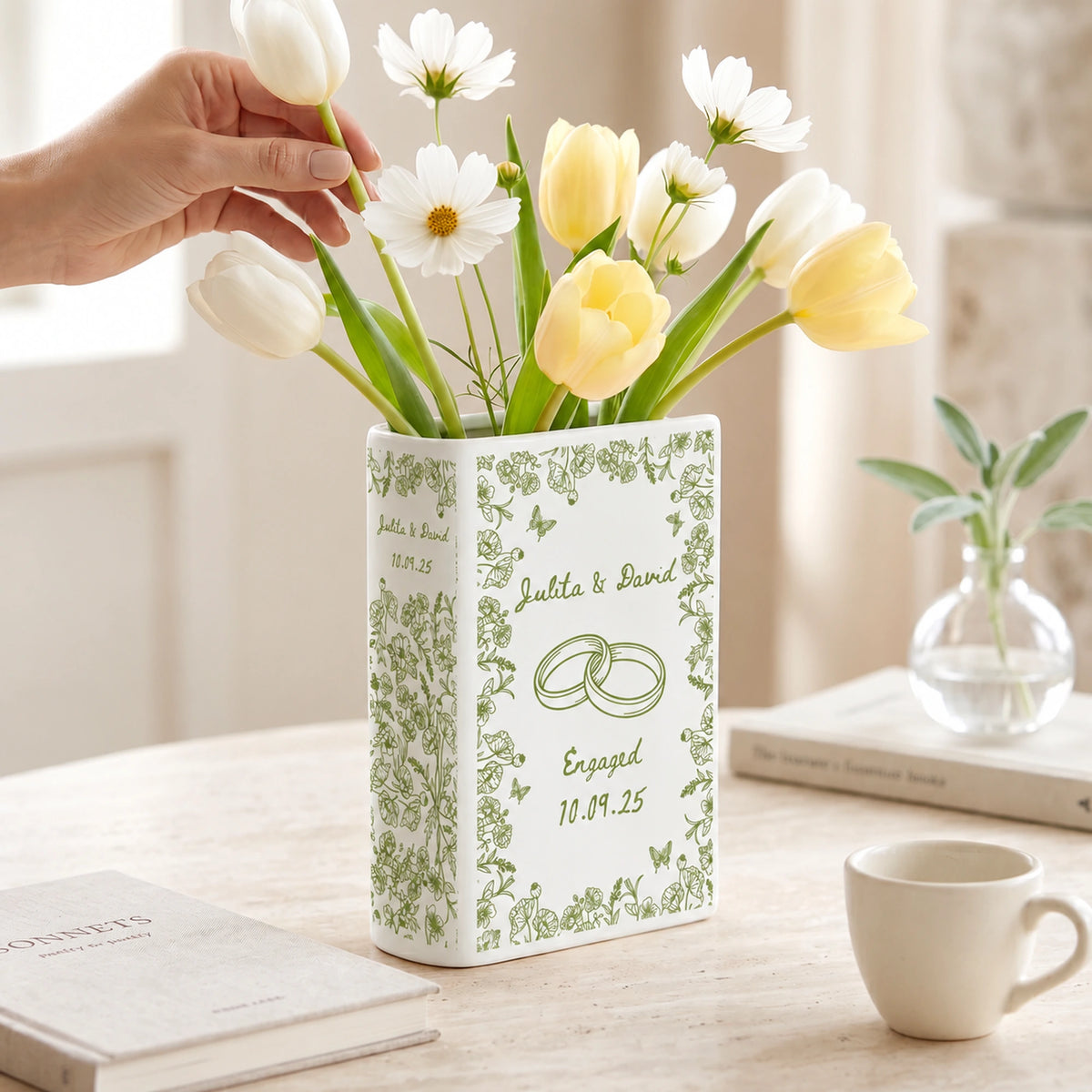 Personalized Ceramic Book Vase with Names & Date, Romantic Engagement Gift for Couples, Custom Love Keepsake