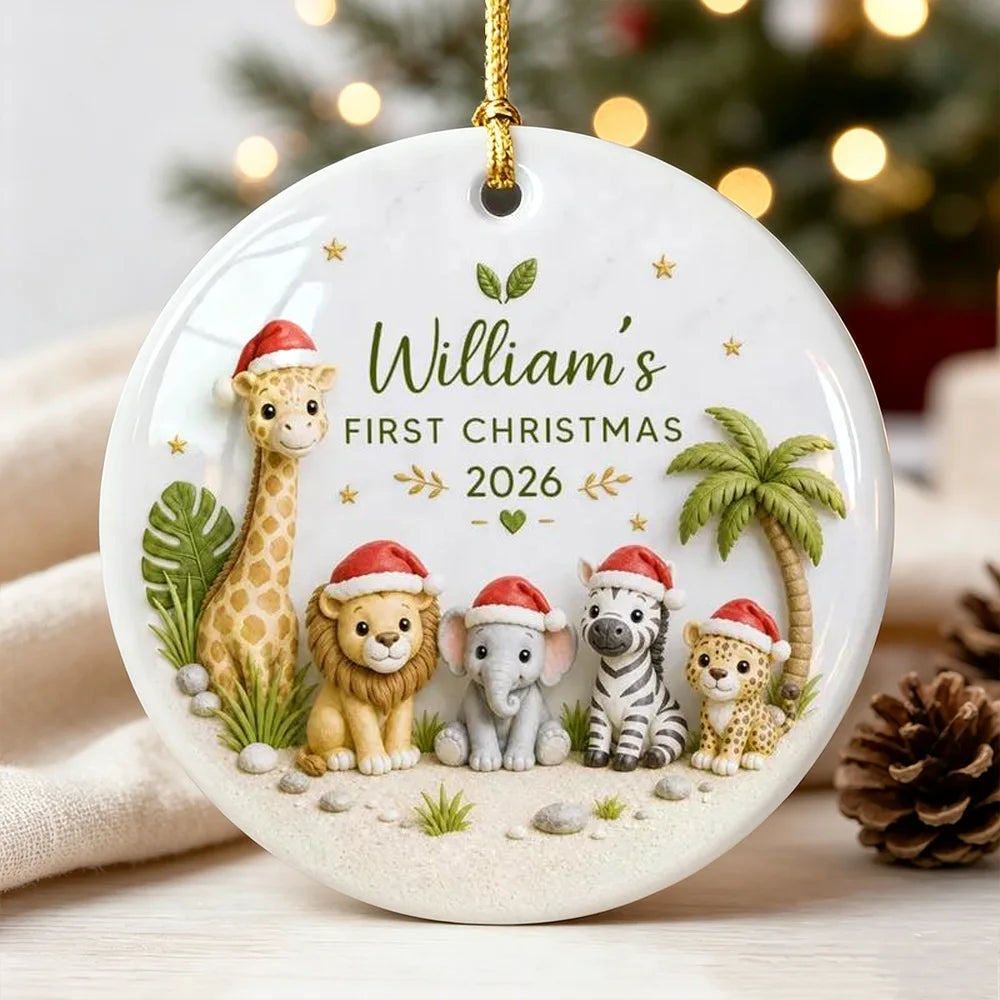 Personalized Ceramic Ornament, First Christmas Safari Animals, Unique Gift for New Parents and Baby