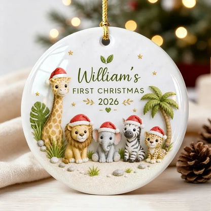 Personalized Ceramic Ornament, First Christmas Safari Animals, Unique Gift for New Parents and Baby