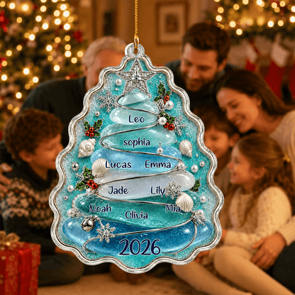 Personalized Sea Glass Christmas Tree Acrylic Ornament with Family Names & Year, Coastal Christmas Gift