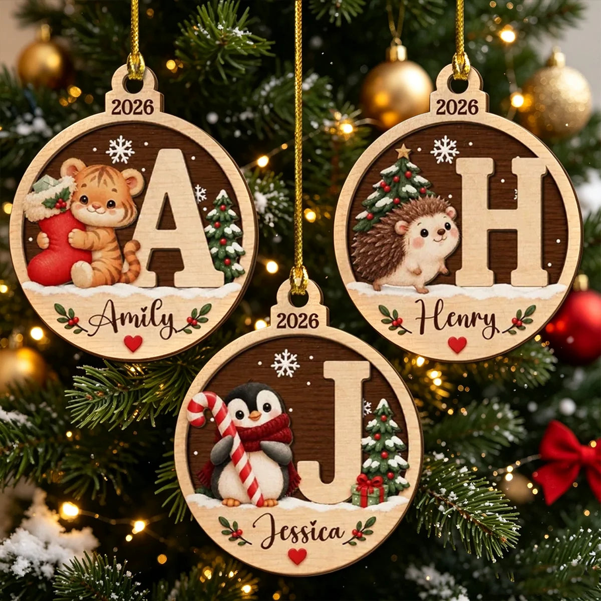 Personalized Wooden Ornament with Cute Winter Animals by a Snowy Tree, Creative Keepsake Gift for Family