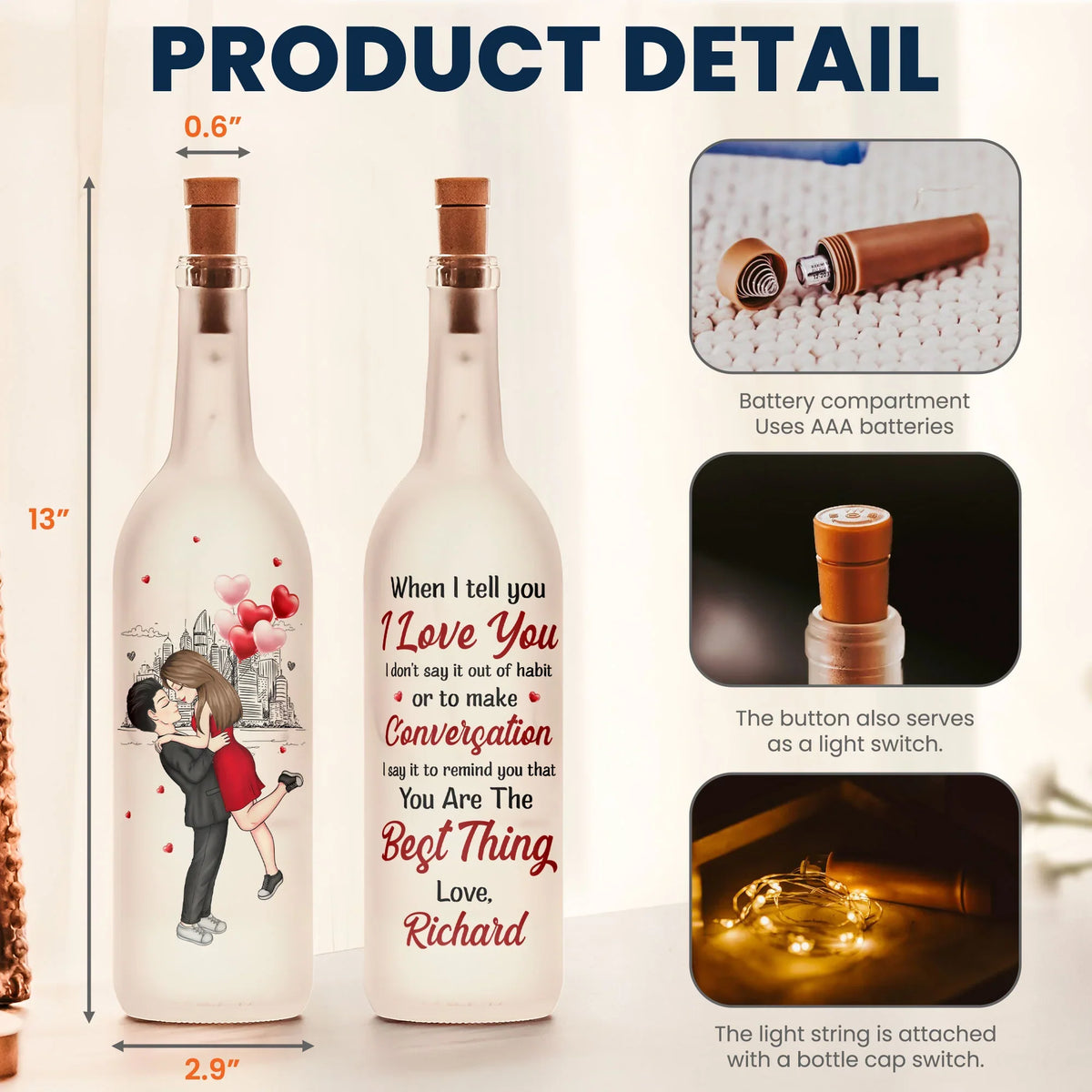 Personalized Bottle Lamp With Romantic Love Quote, Kissing Couple City Sketch, Warm Glow Bedroom Decor, Unique Gift for Her