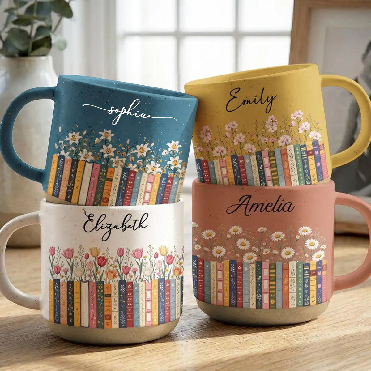 Personalized Birthflower Pottery Mug for Book Lovers, Unique Creative Gift for Daily Coffee