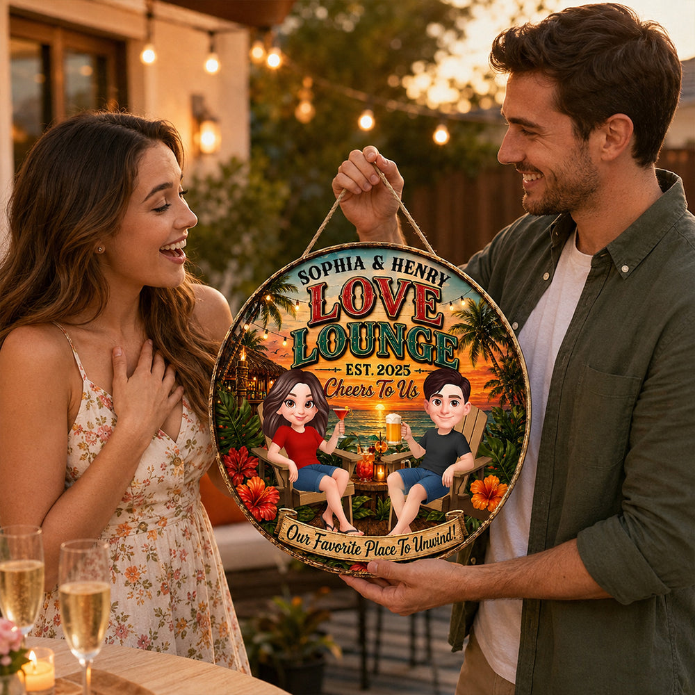 Personalized Wooden Sign, Couple Holding Drinks at Sunset Lounge, Unique Gift for Partners