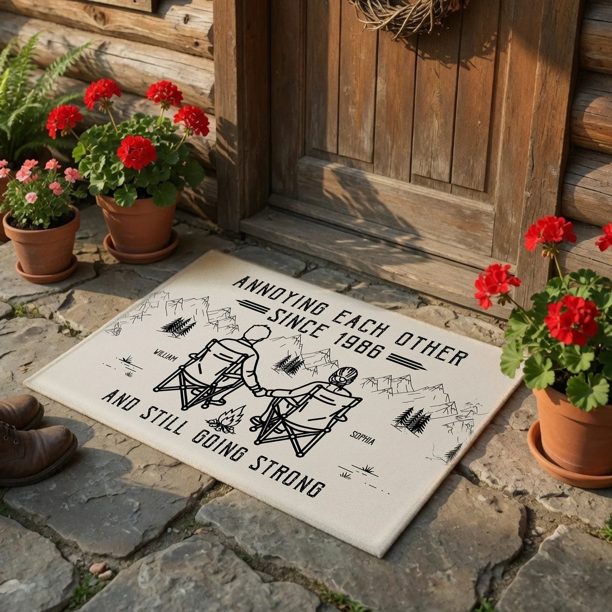 Personalized Standard Doormat, Couple Sitting Hand in Hand by a Mountain Campfire, Unique Gift for Couples