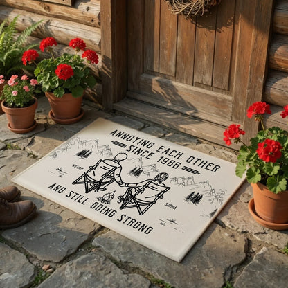 Personalized Standard Doormat, Couple Sitting Hand in Hand by a Mountain Campfire, Unique Gift for Couples