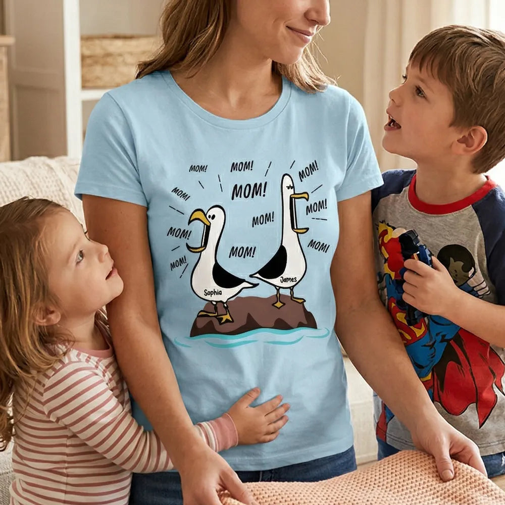 Personalized Seagull Mom Classic Tee, Funny 'MOM!' Cartoon Shirt, Unique Mother's Day Gift for Mom