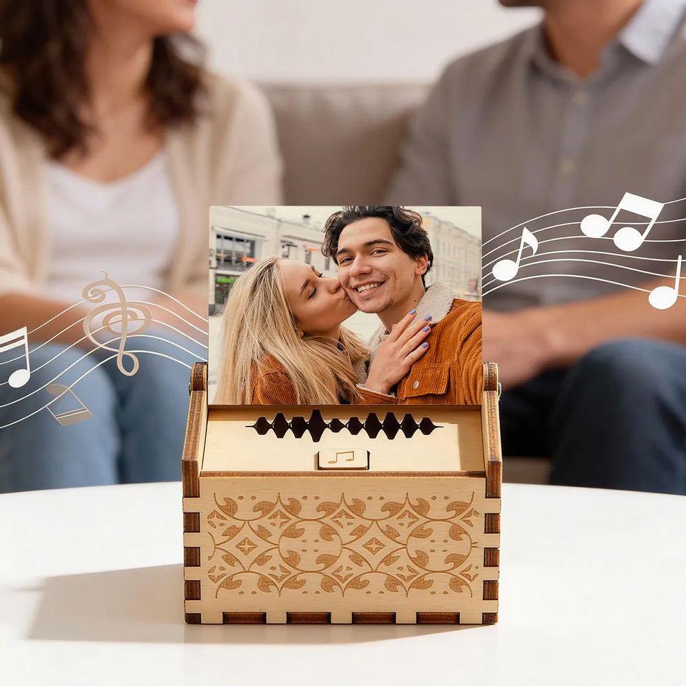 Personalized Wooden Music Box With Your Photo And Song - Romantic City Kiss Keepsake, Unique Gift For Couples