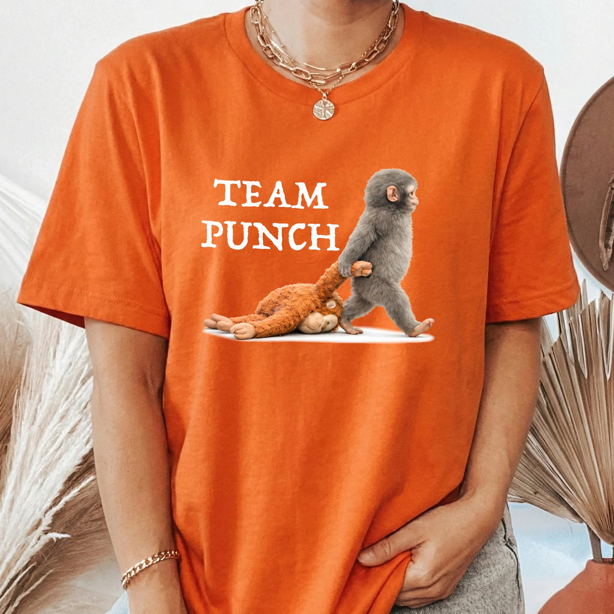 Team Punch Classic Tee Funny Baby Monkey Dragging Plush Shirt - Unique Creative Gift for Animal Lovers