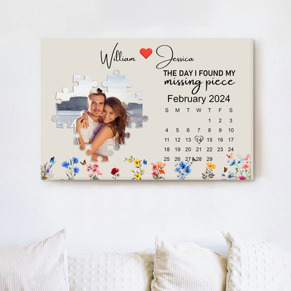 The Day I Found My Missing Piece – Customizable Couple's Poster, Gift for lover, with Puzzle Heart, Calendar, and Floral Details