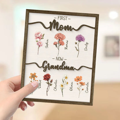 Personalized 2-Layer Wooden Plaque First Mom Now Grandma Floral Keepsake for Grandma - Unique Family Gift