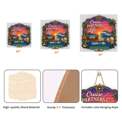 Personalized Wooden Sign, Cruise Partners for Life Tropical Sunset Decor, Unique Gift for Couples