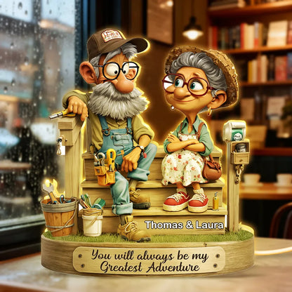Personalized Acrylic Light Box with Elderly Couple on Porch, Warm Glow Keepsake, Unique Gift for Husband or Wife