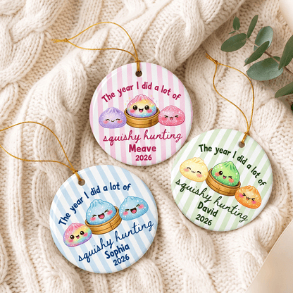 Personalized Squishy Hunting Ceramic Ornament, Cute Kawaii Cartoon Design, Custom Name Christmas Keepsake Gift