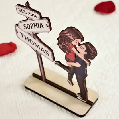 Personalized Street Sign Couple 2-Layer Wooden Plaque for Husband or Wife - Kissing Pose Keepsake, Unique Gift